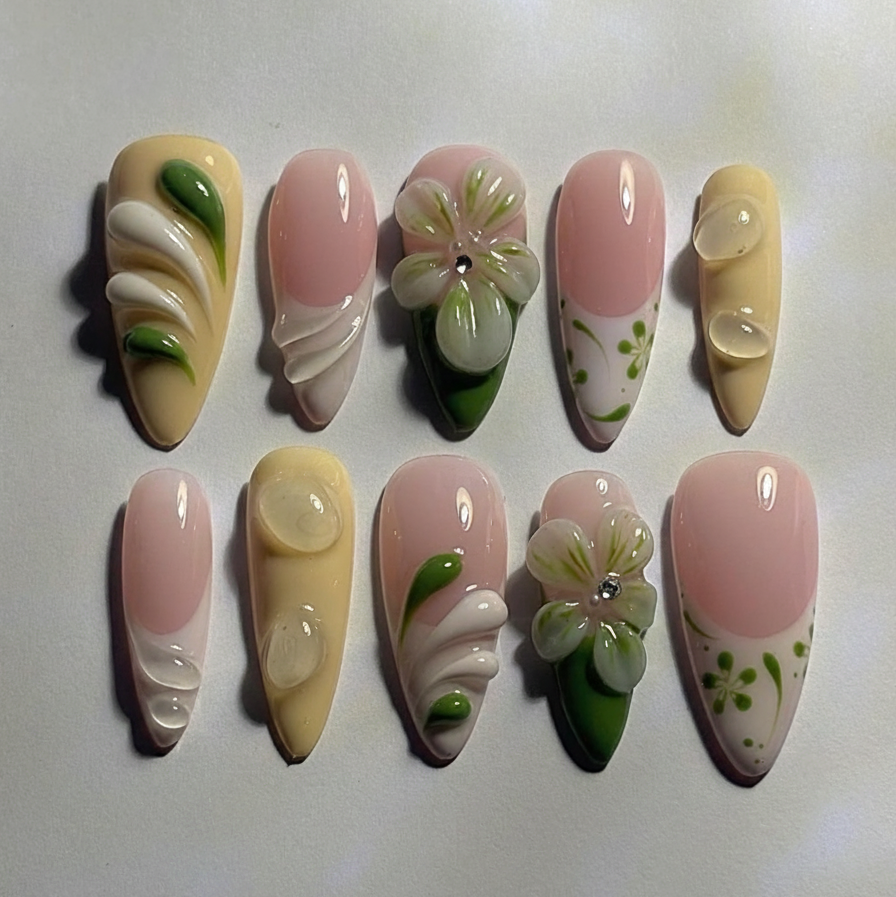 3D Floral Press On Nails, Pastel Green Pink Almond Nails | Handmade Spring Flower Nails