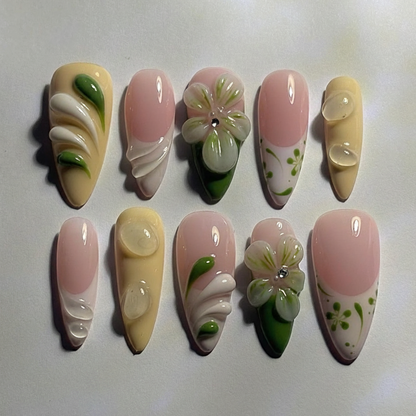 3D Floral Press On Nails, Pastel Green Pink Almond Nails | Handmade Spring Flower Nails