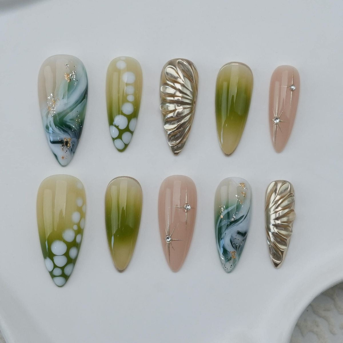 Abstract Green Press On Nails | Handmade Gold Chrome Accent Nails | Almond Nude Green Gel Fake Nail Set