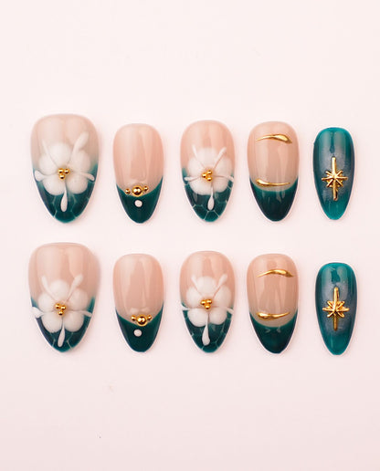 Teal Floral Press On Nails | Nude Almond 3D Flower Gel Nails with Gold Accents