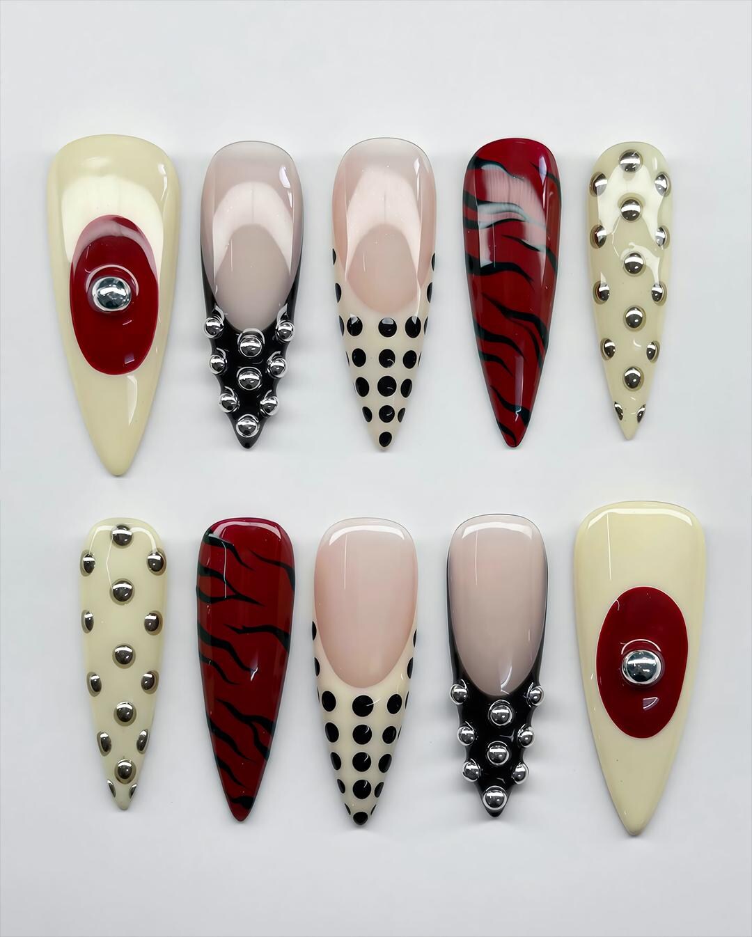 Bold Red & Black Stiletto Press on Nails with Silver Studs | Unique 3D French Tips Nail Art Set | Custom Long Metallic Gel Nails