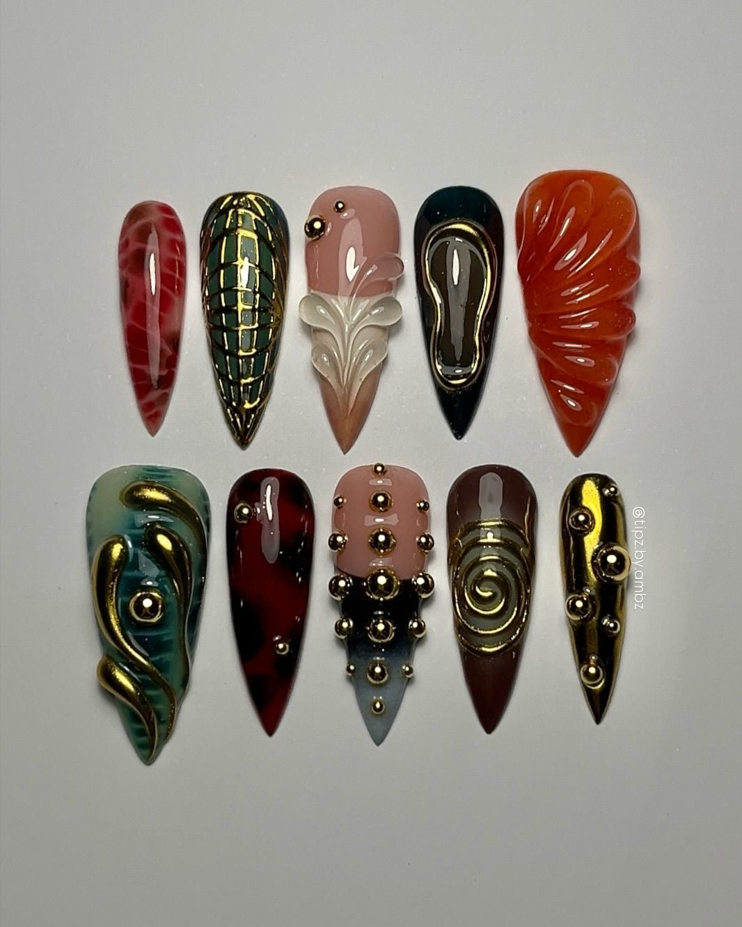 3D Stiletto Press On Nails with Gold Studs | Luxury Abstract Long Gel Nails