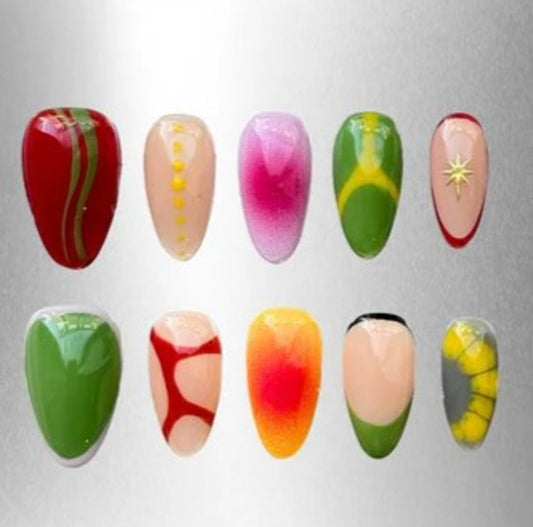 Colorful Abstract Press On Nails | Summer Fruit Inspired Gel Nail Art | Glossy Fake Almond Nails