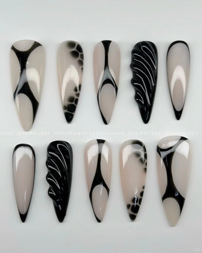 Abstract Black & Beige Coffin French Tip Press On Nails | Modern Marble Nail Art |
