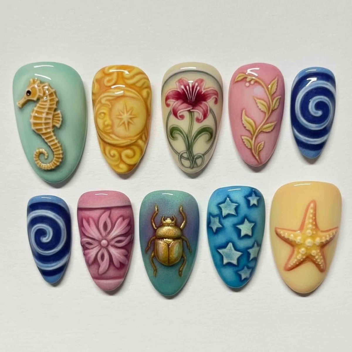 Custom 3D Press-On Nails | Floral, Celestial & Sea-Inspired 3D Nail Art | Unique Nature Inspired Designs