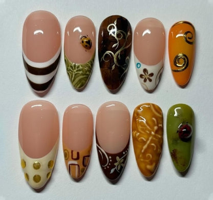 Hand Painted Autumn Press On Nails | Floral Swirl Design Nail Set