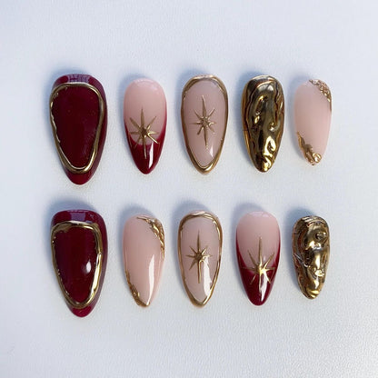 Luxury Burgundy Almond Press On Nails | Gold Celestial Star Nail Art