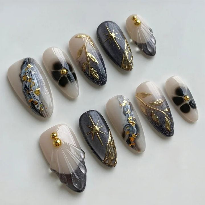 Luxury Black And Nude Coffin Press On Nails with Gold Detailing | Star and Floral Art Design