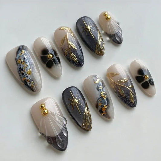 Luxury Black And Nude Coffin Press On Nails with Gold Detailing | Star and Floral Art Design