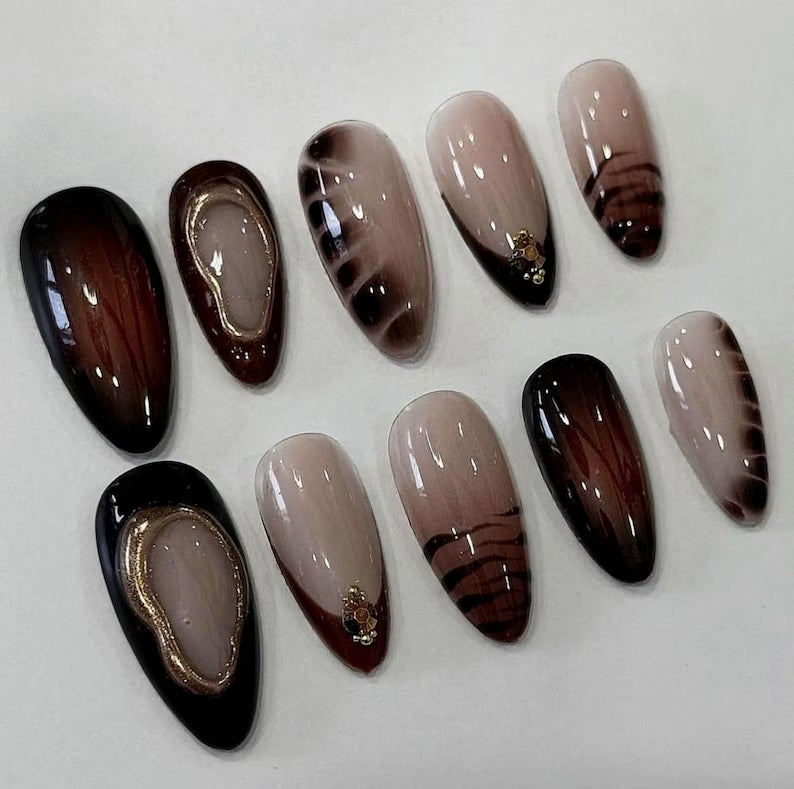 Brown Nude & Chocolate Press On Nails | Tortoiseshell Gel Almond Nails with Gold Accent