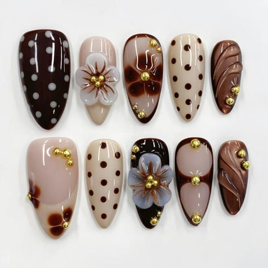 Elegant Brown & Nude Polka Dot Press On Nails |3D Floral Accents, Gold Beads, and Chic Swirl Nails