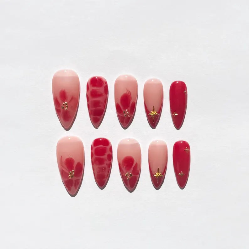 Romantic Red Floral Press On Nails | Glossy Pink Nude Almond Nails with Gold Charms