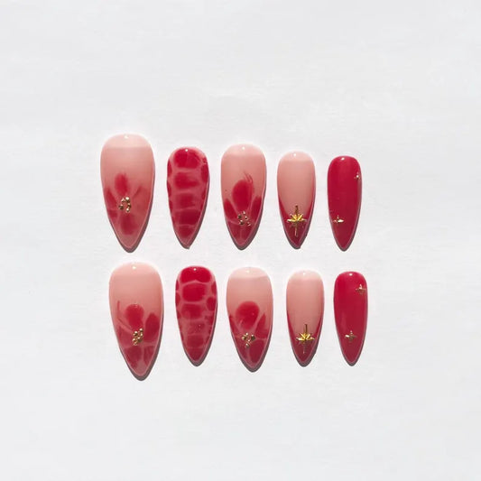 Romantic Red Floral Press On Nails | Glossy Pink Nude Almond Nails with Gold Charms