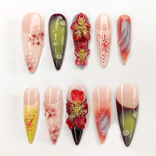Abstract Floral Almond Press On Nails | Red Green Nude Ombre with 3D Flower Art