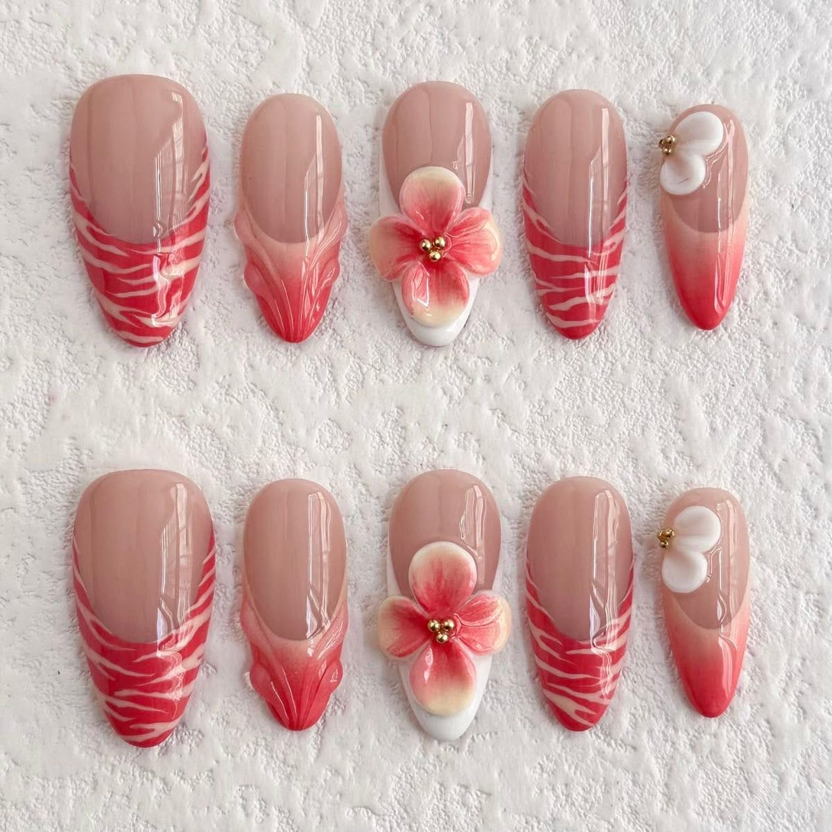 Glossy Red Nude Floral Almond Valentine Press On Nails | Romantic 3D Flower Nail Art