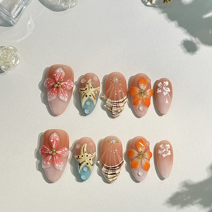 Beach Floral Ocean Press On Nails | Seashell And Starfish Summer Nail Art