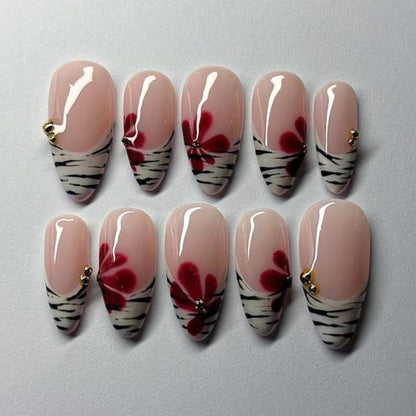 Handmade Red Blossom Press On Nails | Nude Floral Zebra French Tips Gold Charm Nails