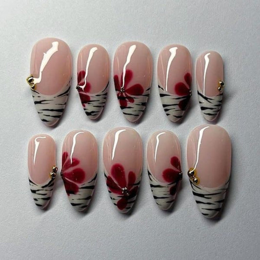 Handmade Red Blossom Press On Nails | Nude Floral Zebra French Tips Gold Charm Nails
