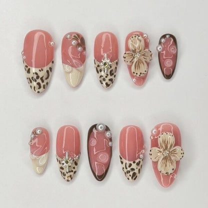Blush Pink Leopard Print Press On Nails | Floral Pearl Accent Almond Nails | Glossy Nude Brown Design