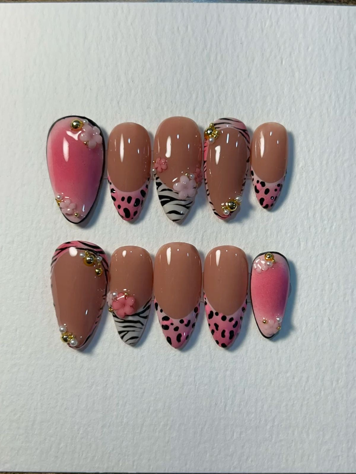 Pink Nude Press On Nails | Leopard And Zebra Animal Print French Tips | 3D Floral Accent Nail Set