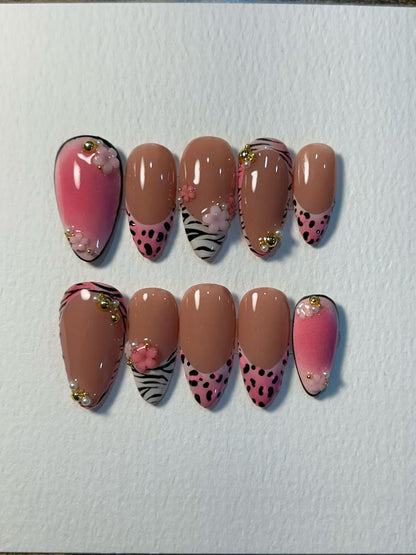 Pink Nude Press On Nails | Leopard And Zebra Animal Print French Tips | 3D Floral Accent Nail Set