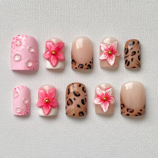 Leopard Print Floral Press On Nails | Pink 3D Flower Short Square Nails | Handmade Valentine Nail Set