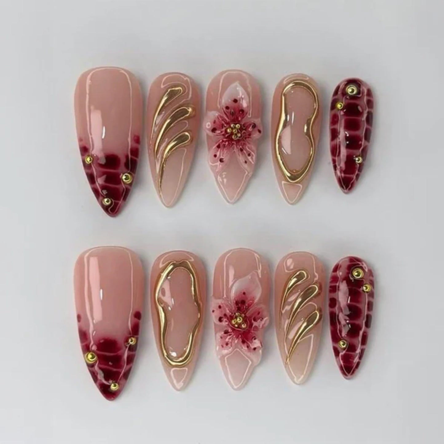 Burgundy Nude Press On Nails | Gold Foil Swirl Nails | 3D Floral Almond Shape Nail Set