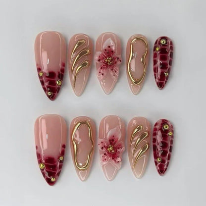 Burgundy Nude Press On Nails | Gold Foil Swirl Nails | 3D Floral Almond Shape Nail Set