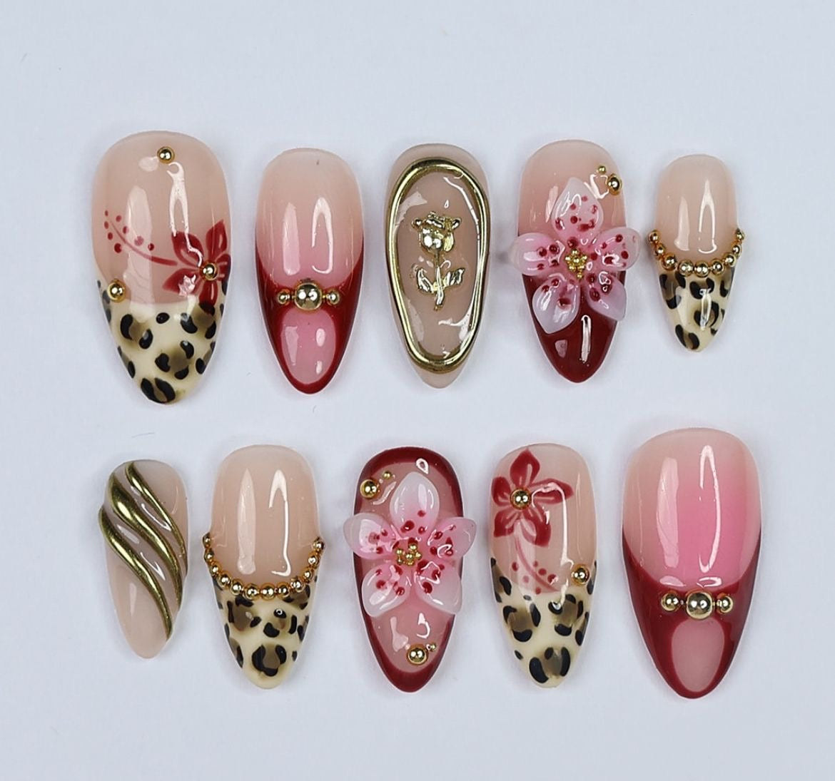 Burgundy Leopard Print Floral Press On Nails | Nude Gold Rose And Pearl Nails | Handmade 3D Flower Almond Nail Set