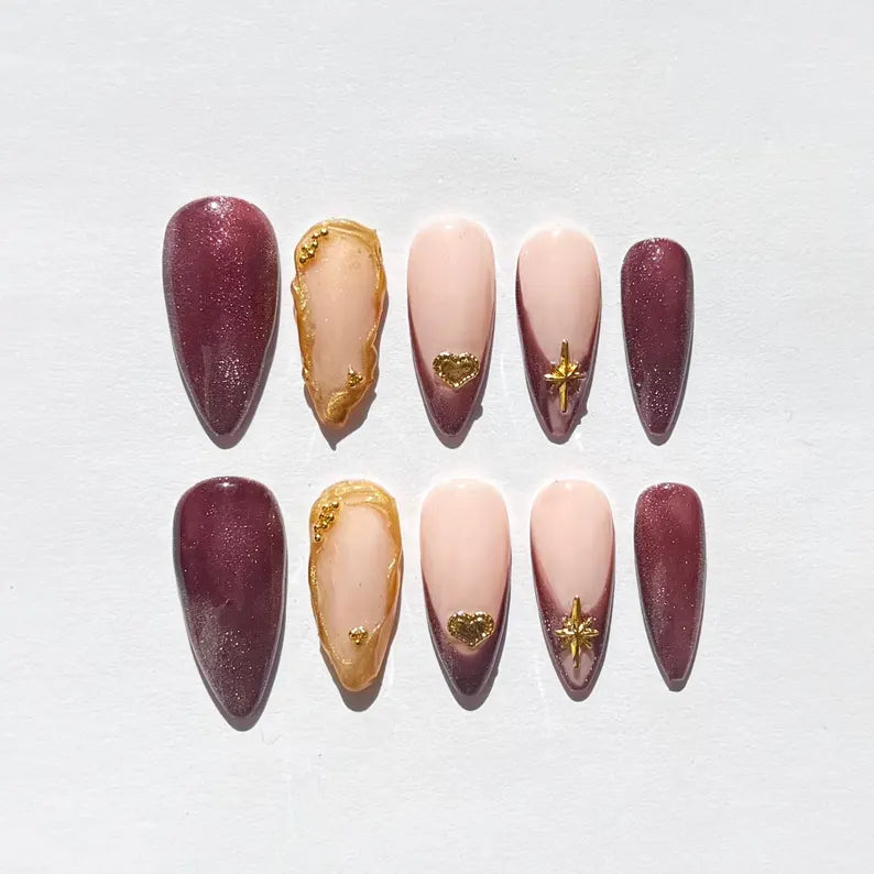 Burgundy and Nude Press On Nails | Glossy Almond Nails with Gold Heart & Star Charms