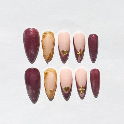 Burgundy and Nude Press On Nails | Glossy Almond Nails with Gold Heart & Star Charms
