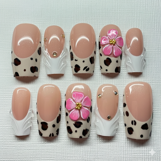 Leopard Print French Tip Press On Nails | Nude Pink 3D Flower Acrylic Nails for Valentine’s Day
