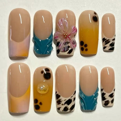 Nude Cow Print Press On Nails | Abstract Amber Yellow Tips 3D Flower Handmade Acrylic Nails