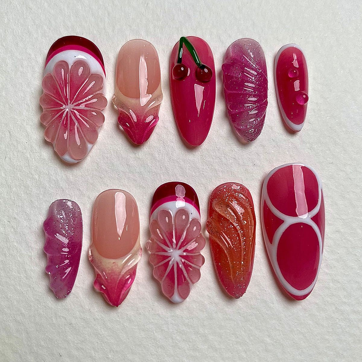 Cherry Press On Nails With Pink Jelly | Handmade 3D Floral Acrylic Cute Valentine Nails