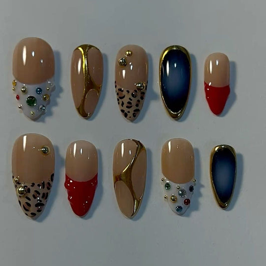 Luxury Almond Wedding Press On Nails | Leopard Print & Red French Tip | Gold Chrome Blue Cat Eye Rhinestone Nails