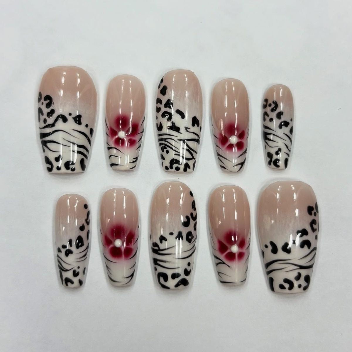 Handmade Nude Leopard Print Press on Nails | Red Flower Design Square Nail Set For Daily Wear