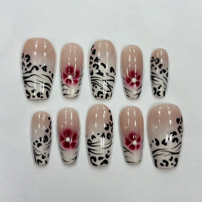 Handmade Nude Leopard Print Press on Nails | Red Flower Design Square Nail Set For Daily Wear