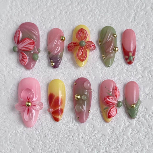 3D Flower Press On Nails | Handmade Pastel Floral Design Nail Set |Reusable Glossy Fake Nails | Acrylic Nails For Spring, Wedding Or Gift