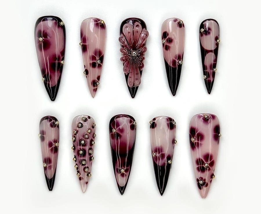 Burgundy Marble Stiletto Press On Nails | Gothic Floral Wine Red Acrylic Rhinestone Nails