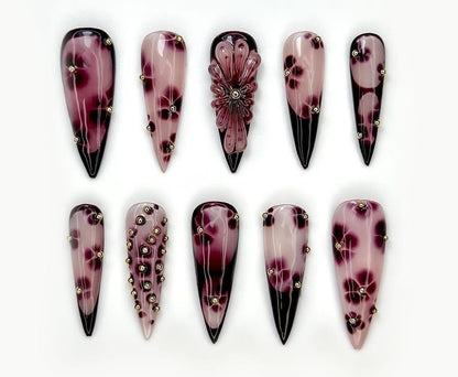 Burgundy Marble Stiletto Press On Nails | Gothic Floral Wine Red Acrylic Rhinestone Nails