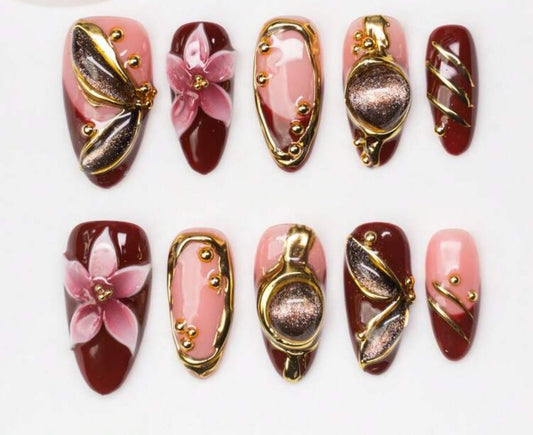 Luxury Burgundy Gold Chrome Floral Press on Nails | Wine Red Acrylic Nails with Metallic Details