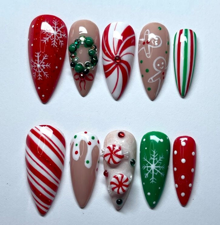 Red Green Christmas Press On Nails | Candy Cane Peppermint Nails | Winter Holiday Acrylic False Nails