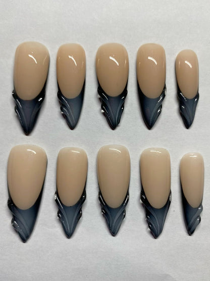 Nude Black Flame Press On Nails | Glossy Stiletto French Nails | Handmade Luxury False Nails