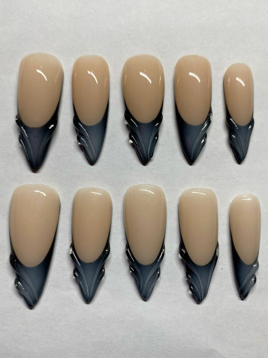 Nude Black Flame Press On Nails | Glossy Stiletto French Nails | Handmade Luxury False Nails