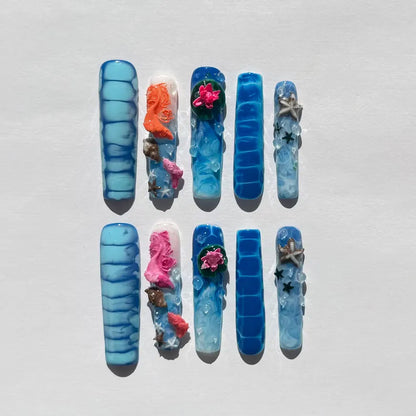3D Ocean Mermaid Press On Nails | Blue Water Marble, Starfish, Lotus, Coral & Seashell Nail Art