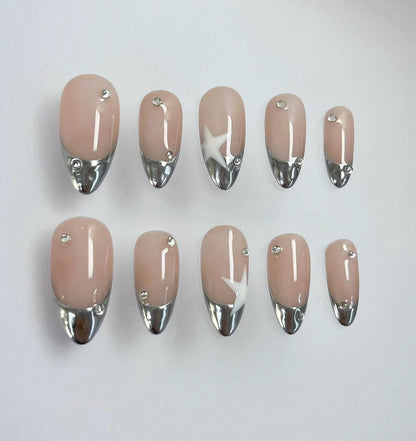 Silver Chrome French Tip Press On Nails | Nude Almond Nails | Minimal Star Detail Nail Set