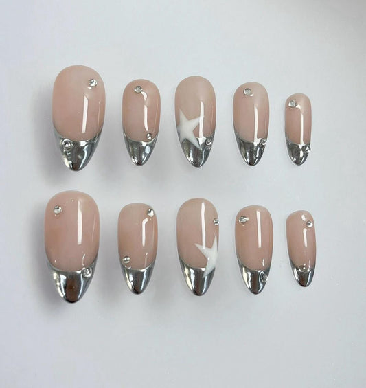 Silver Chrome French Tip Press On Nails | Nude Almond Nails | Minimal Star Detail Nail Set