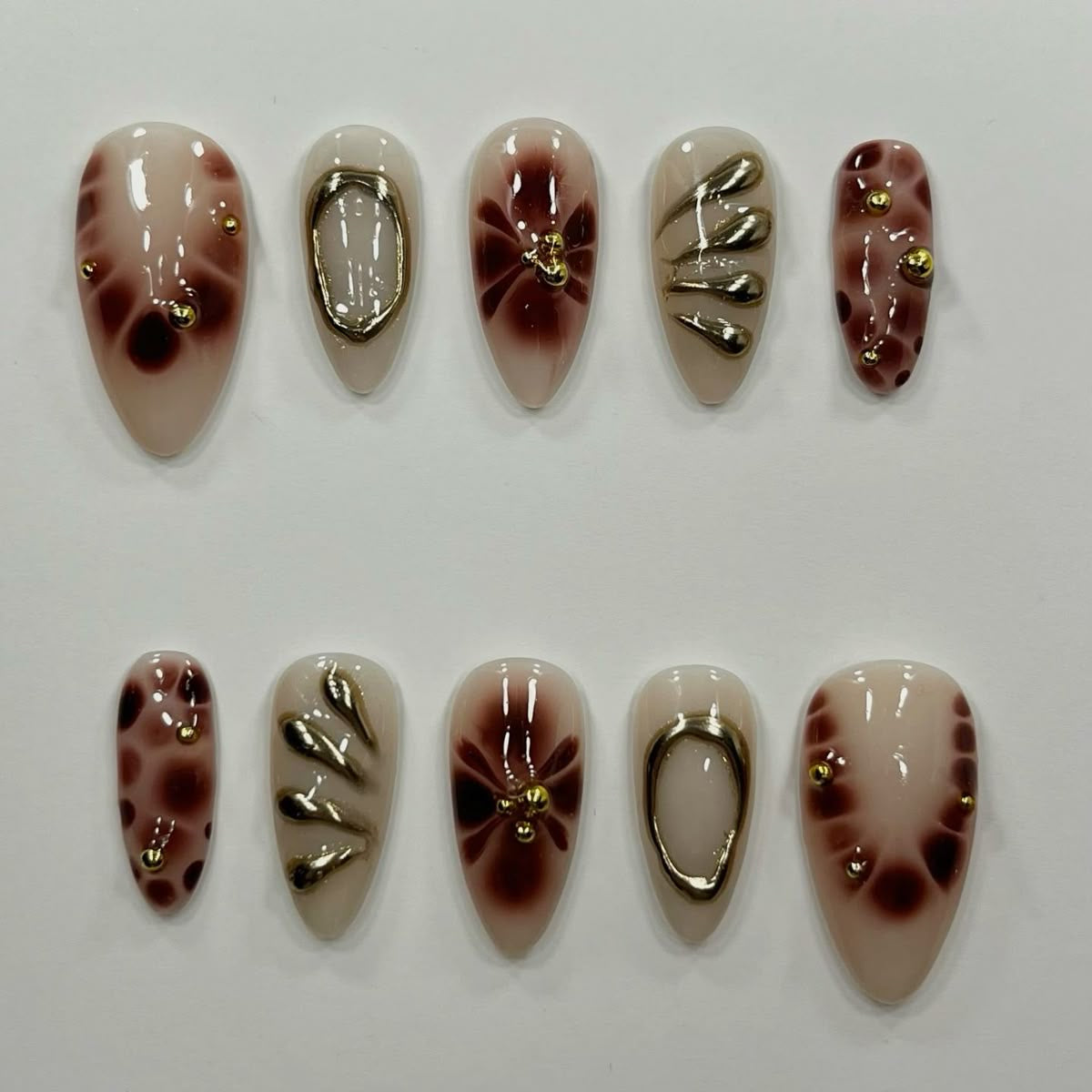 Brown Nude Press On Nails | Gold Chrome Drip & Stud Details | Abstract Art Almond Nails