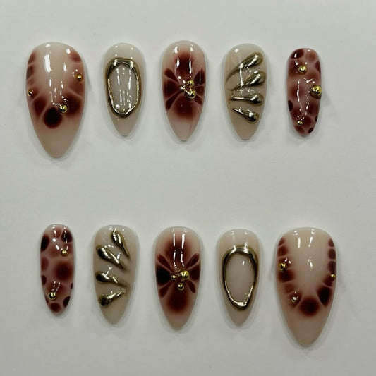 Brown Nude Press On Nails | Gold Chrome Drip & Stud Details | Abstract Art Almond Nails