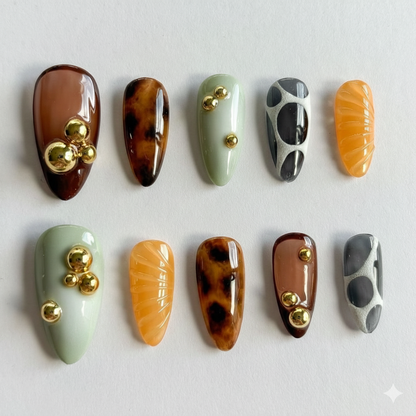 Handmade Press On Nails | Tortoiseshell & Sage Green Nails | Gold Stud Gel Nails